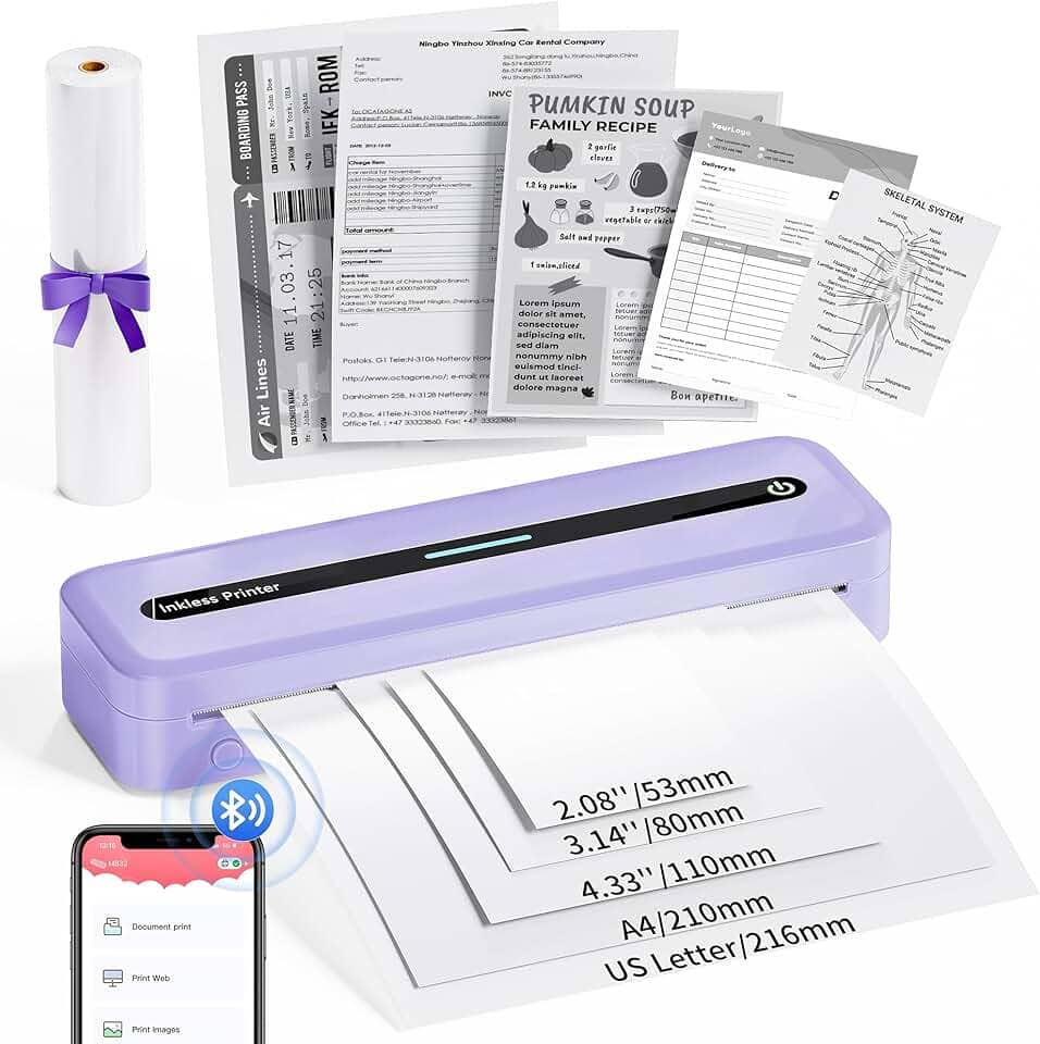 COLORWING Impressoras portáteis sem fio para viagens, mini impressora compacta 300DPI sem tinta, impressora térmica Bluetooth compatível com smartphone Android e iOS e tablet e laptop - roxo