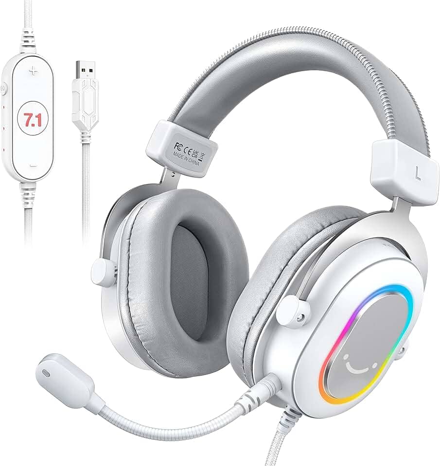 FIFINE USB Gaming Fone, fones de ouvido PC com fio com microfone para computador/laptop, over-ear RGB headset com som surround 7.1, cancelamento de ruído para streaming de vídeo game - H6 branco