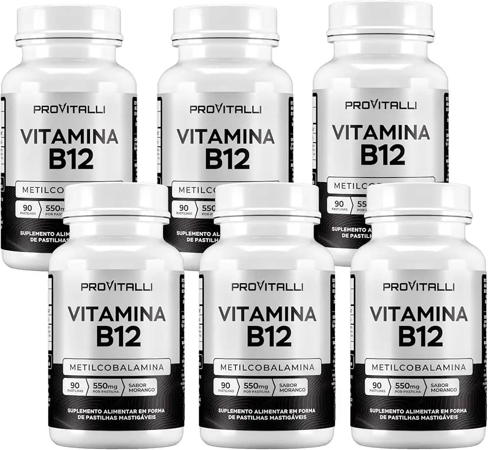 Kit 6 unidades Vitamina B12 Metilcobalamina 550mg 9,94mgc | Provitalli | Alta Absorção e Biodisponibilidade | Suporte para Energia, Foco e Sistema Imunológico | 90 Pastilhas Mastigáveis | Sabor Morango