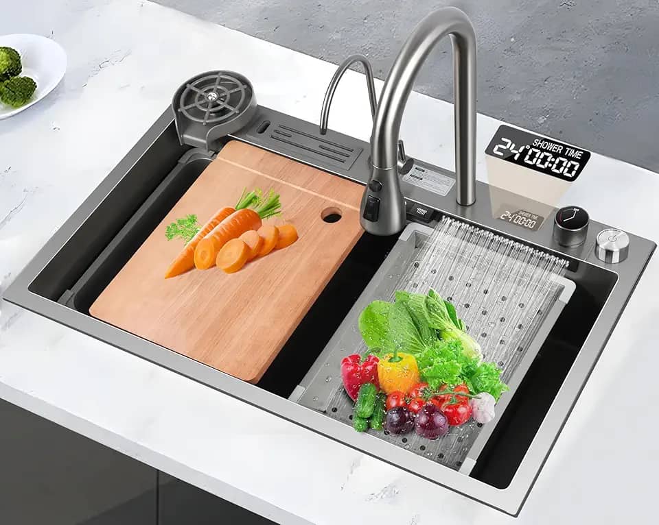 Cuba Inox Cozinha, Pia de Cozinha, Cuba de Inox, Pia Cozinha, 75X45 CM, Tipo Cascata, Torneira Telescópica e Acessórios Completos