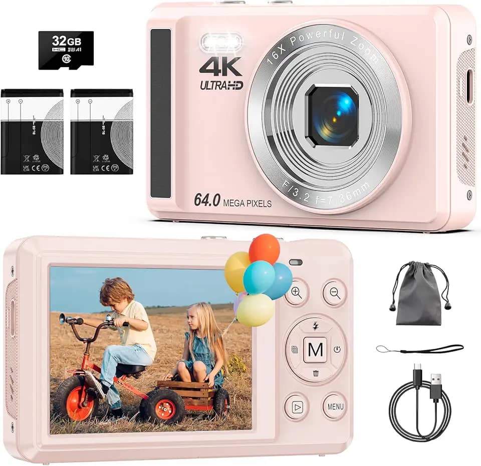 Câmera Digital 4K 64MP com Foco Automático,Fotográfica para Vlog, Zoom, Tela 2.8 Polegadas，fotografia, Cartão SD de 32GB, 2 Baterias, Câmera Compacta，para Adolescentes e Iniciantes, Flash(rosa)