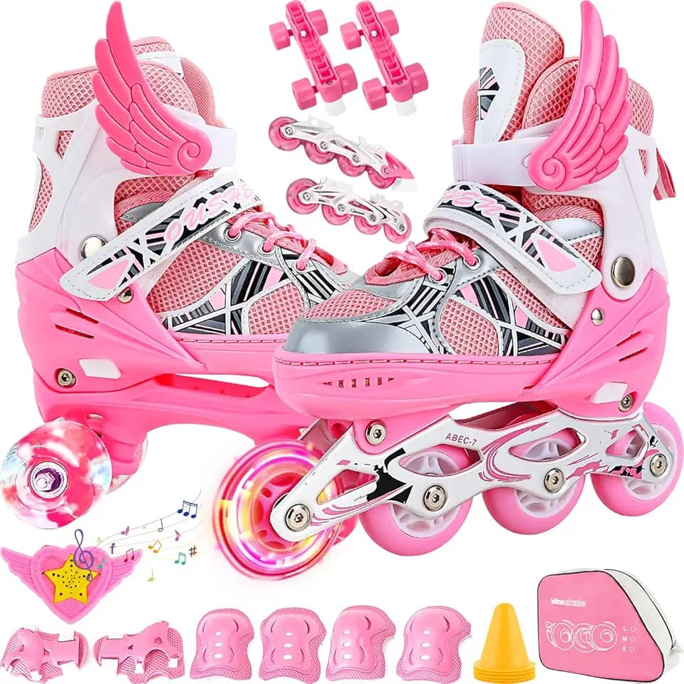 2 Em1 Patins Infantil Ajustável, Patins 4 Rodas, Patins Quad, Patins Infantil Menina, Ajustável com Bolsa e Kit Proteção, Para meninas, meninos e iniciante, Rosa M (33-37)