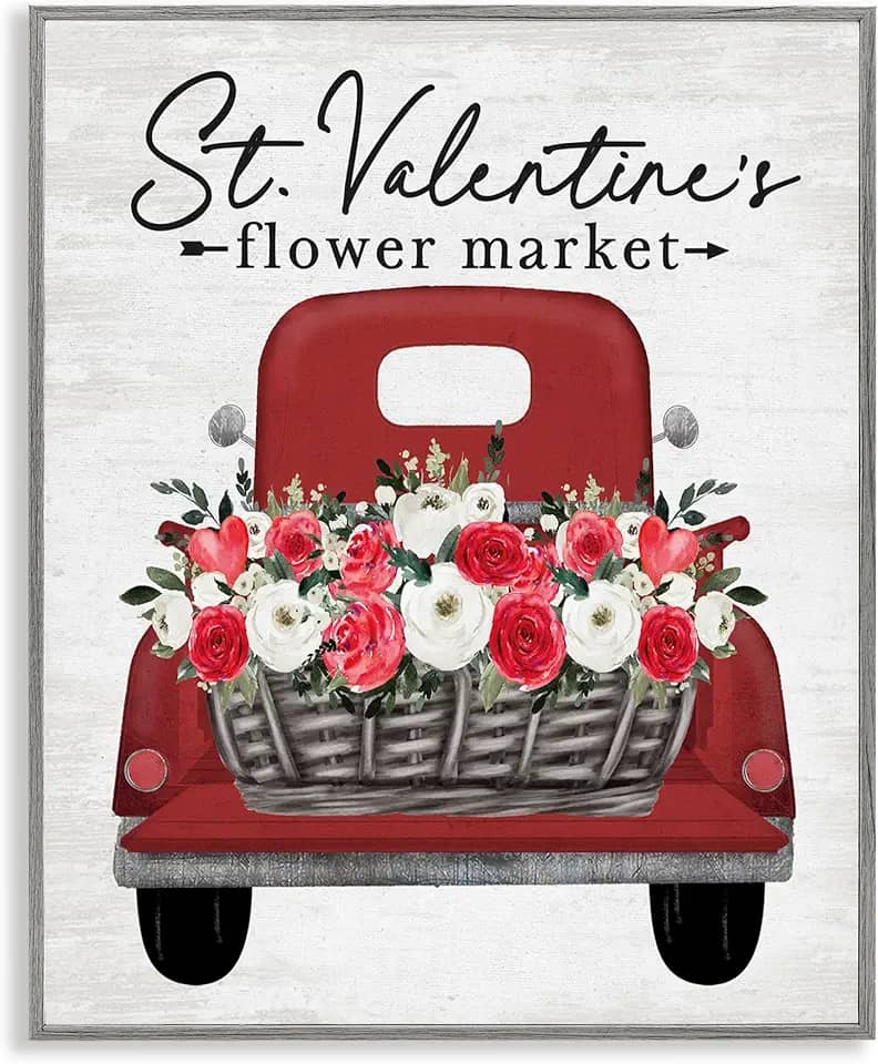 Stupell Industries Arte giclée emoldurada cinza do caminhão do mercado de flores de São Valentim, design por Lettered and Lined, 14 x 11