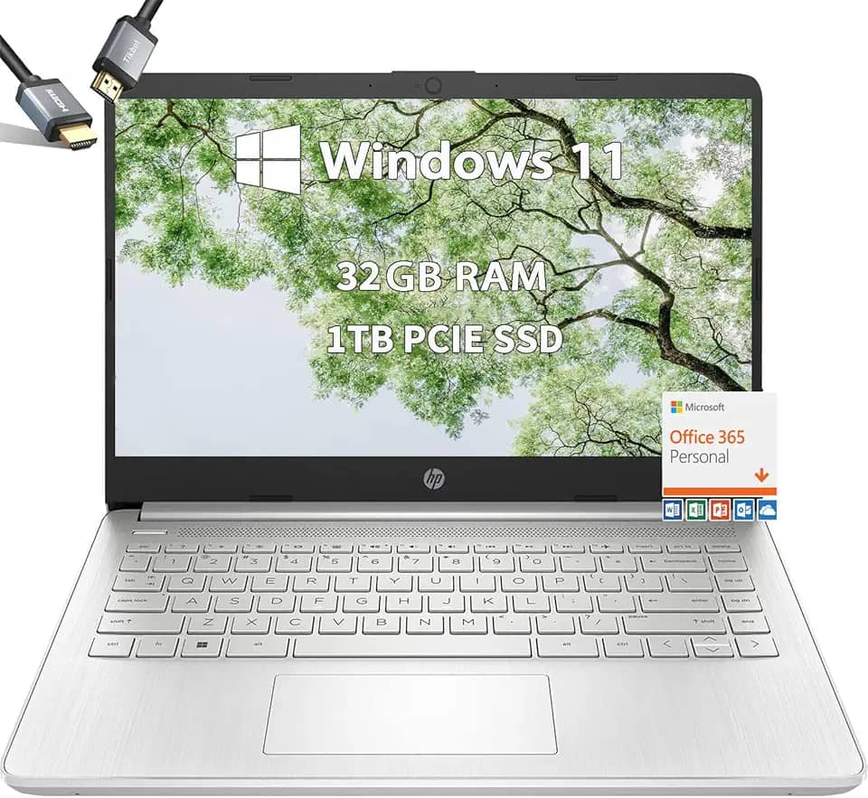 HP Laptop de 14 polegadas Microsoft Office 365 - Laptop para estudantes escolares - Windows 11 - Processador Intel Quad-core - USB C - Bateria de longa duração - ultraleve - Mini - Cabo HDMI (32 GB de