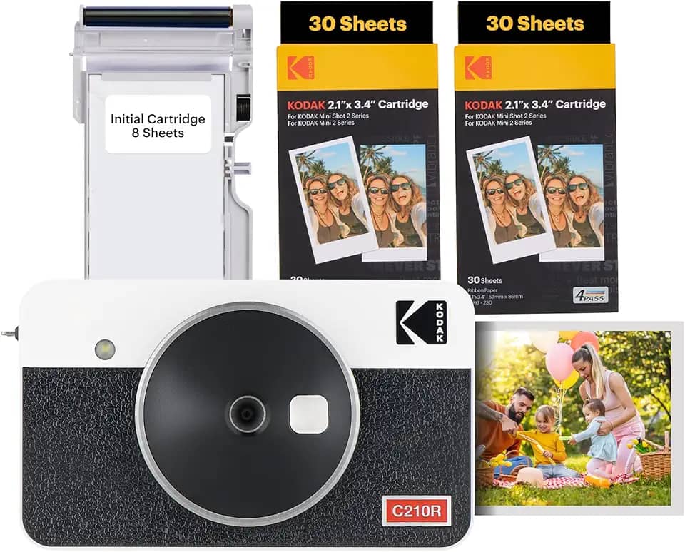 Kodak Mini Shot 2 Retro - Câmera Instantânea e Impressora Fotográfica 2 em 1 (60 folhas), foto 5,3 x 8,6cm, compatível iOS e Android, Bluetooth, 4PASS alta definição e acabamento laminado - Branca