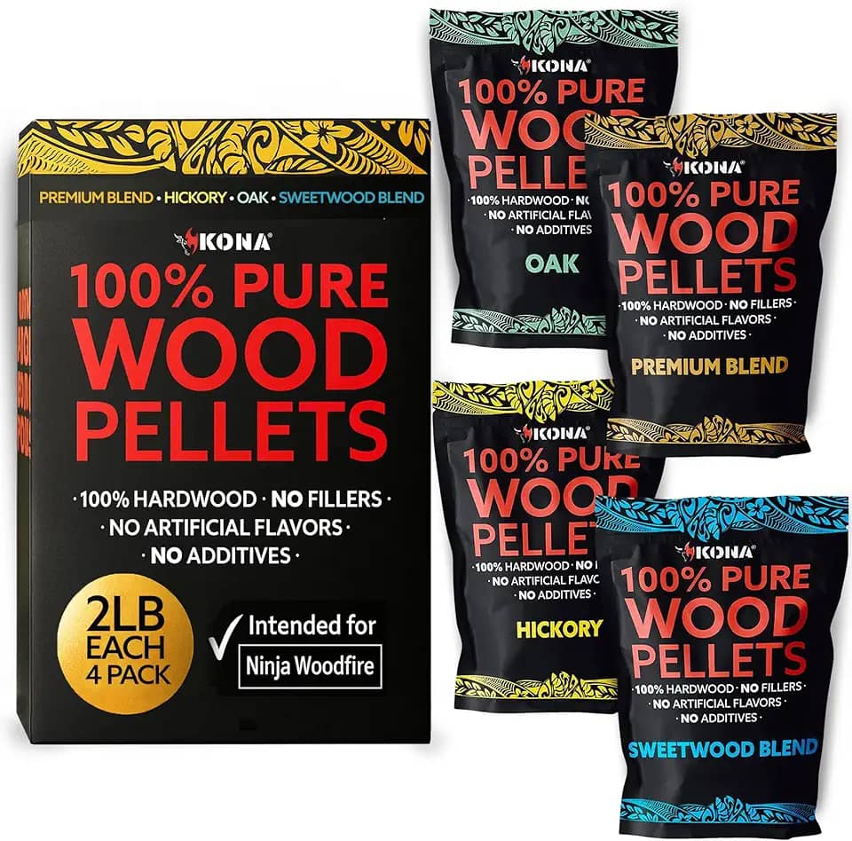 Kona Pacote de Variedades de Pellets de Madeira para Todos os Fins, Destinado A Churrasqueiras Externas Ninja Woodfire, Nogueira, Carvalho, Mistura Premium e Mistura de Madeira Doce, Sacos Resseláveis