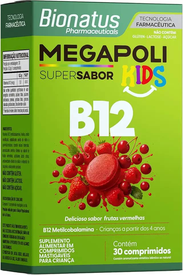 Bionatus, MegaPoli Kids, Comprimidos mastigáveis, Sabor frutas vermelhas, Suplemento alimentar infantil, Vitamina B12, Metilcobalamina, 30 cápsulas • 30 doses, Verde