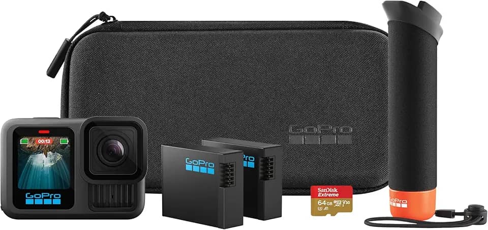 GoPro HERO13 Black Bundle - Kit com Câmera de Ação à Prova d'água 10m, 5.3K60, HLG HDR, 27MP, HyperSmooth 6.0, GPS, Wi-Fi 6 e Acessórios Extras The Handler, Bateria Enduro, Cartão de 64GB e um Estojo