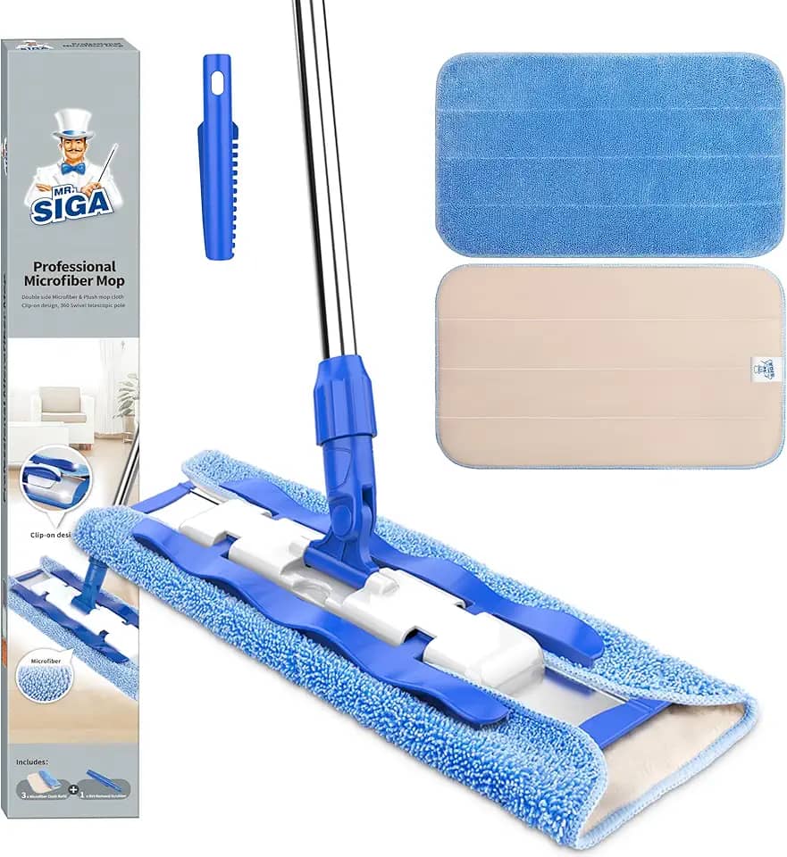 MR.SIGA Mop de microfibra profissional para limpeza de pisos de madeira, laminados e azulejos, cabo de aço inoxidável - 3 esfregões planos reutilizáveis e 1 esfregão para remoção de sujeira incluídos