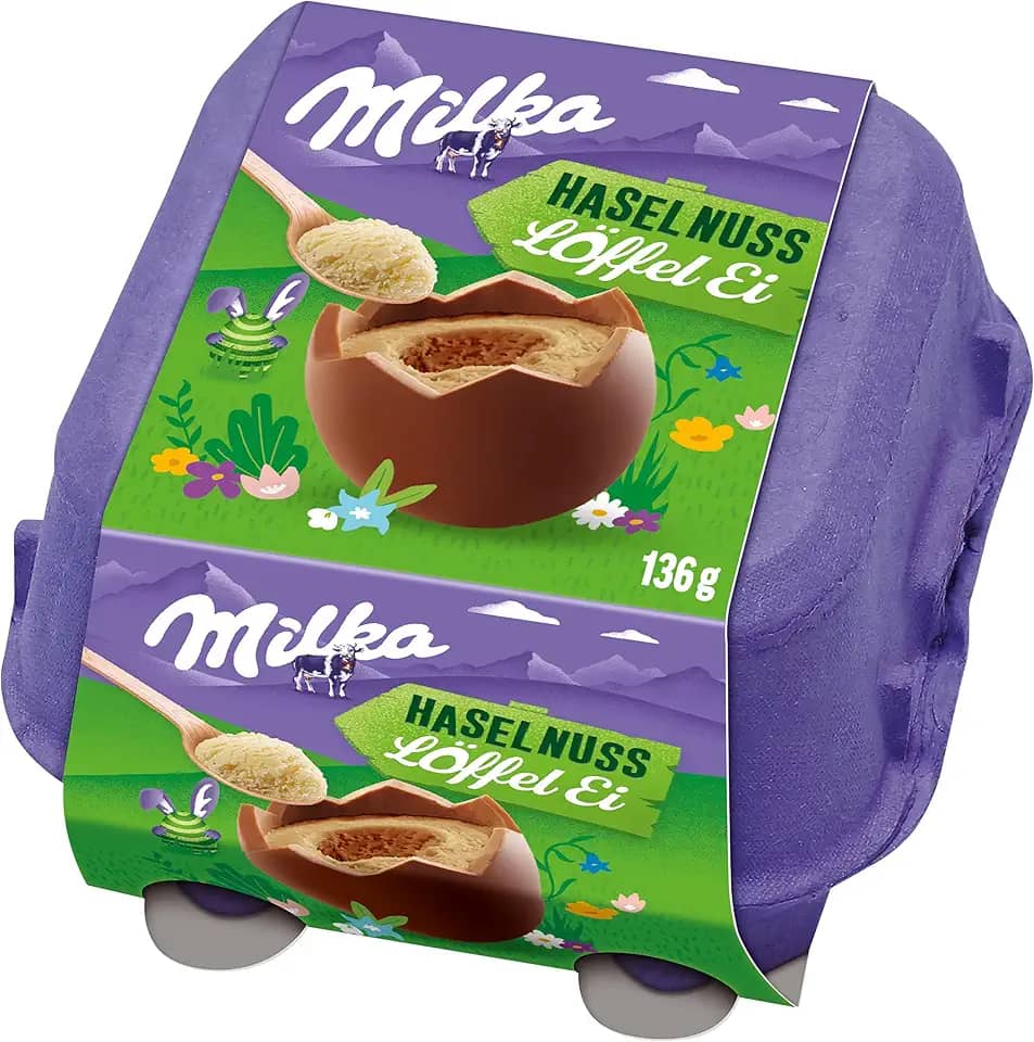 Ovo de Páscoa de Colher Milka Spoonable Creme de Avelã 136g (4 unidades de 34g cada) + Colher de Madeira