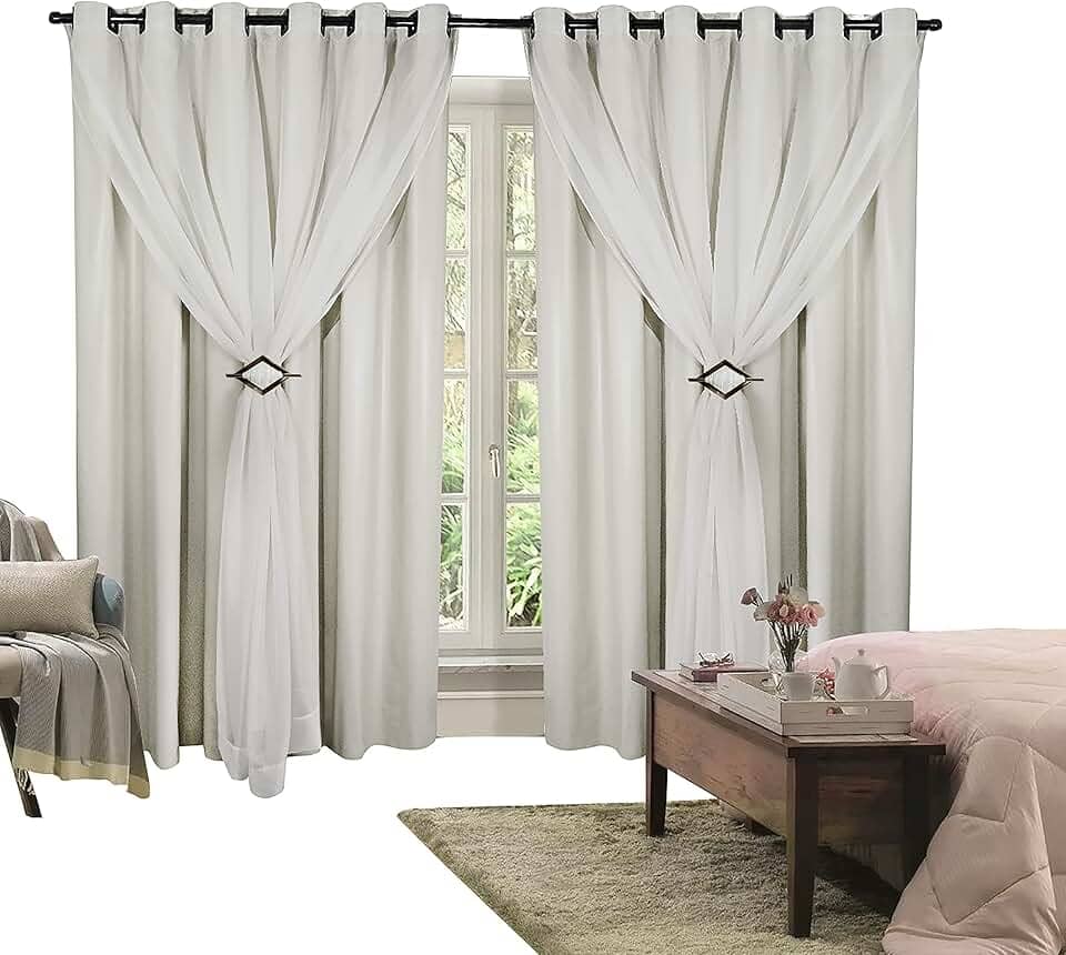 Cortina Corta Luz 4,00m X 2,80m 100% Blackout Com Voil Branco Para Sala Ou Quarto Varão Simples