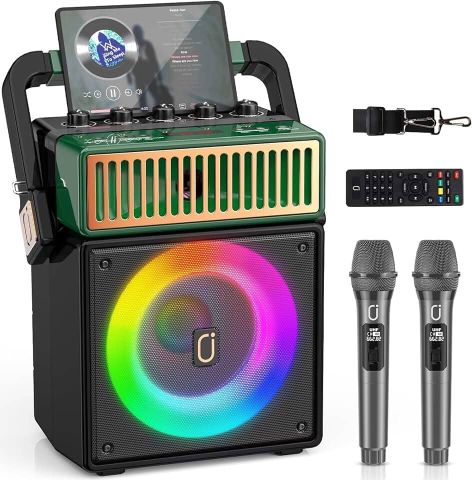 JYX Máquina de Karaoke com 2 Microfones Atualizada, Caixa de Som Bluetooth Portátil para Crianças e Adultos, Sistema de PA com Luzes LED Coloridas, Suporta BT/USB/TF/AUX/REC/TWS para Festas