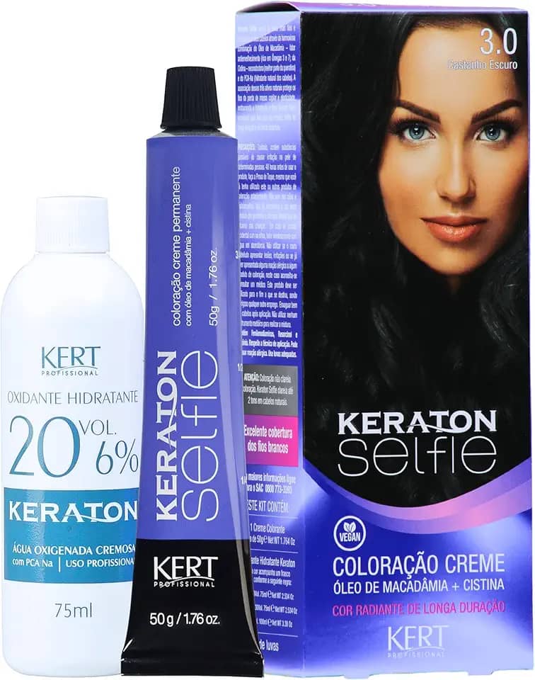 Keraton Coloração Permanente Em Creme Para Cabelos Com Cistina E Óleo De Macadâmia Selfie 50G Nº 3.0 Castanho Escuro