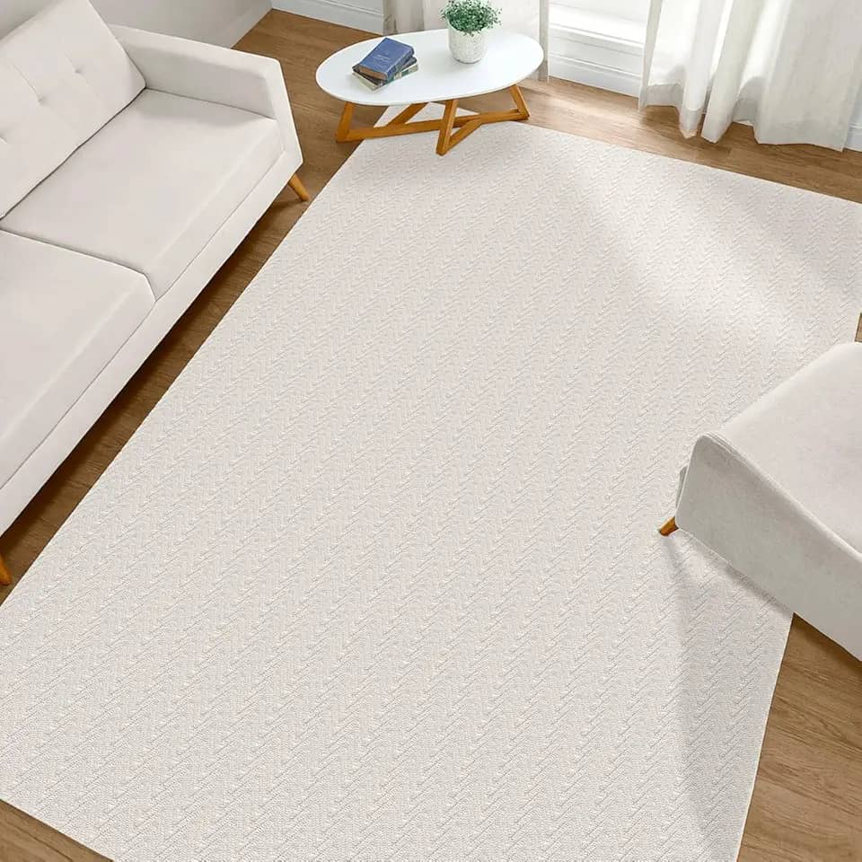 Tapete Sala 1,40m x 2,00m Antiderrapante Algodão Cru Creme de Tear Artesanal Decoração Geométrico para Quarto Casal Rústico Minimalista Neutro Off White