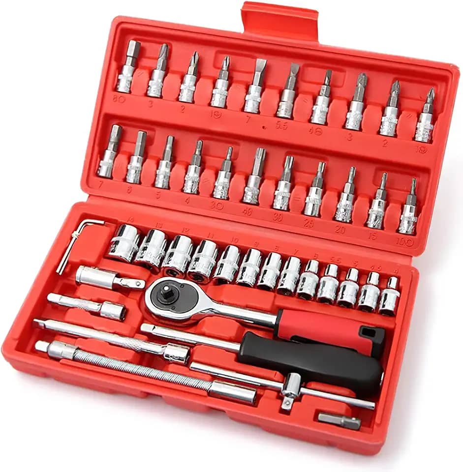 Kit Profissional de Ferramentas 46 Peças, Completo para Casa, Carro e Moto,+ Maleta Catraca Jogo De Soquetes Allen Torx Estojo Kit Ferramentas