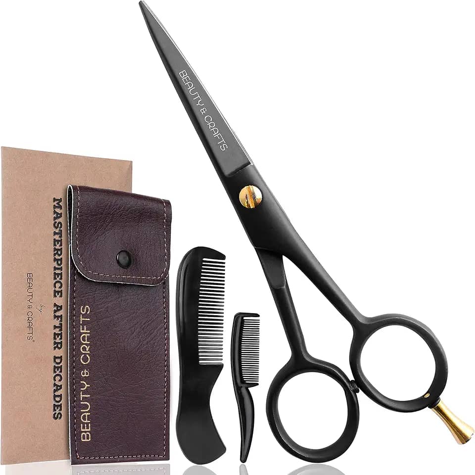 Tesoura alemã para bigode de barba de 12 cm - 2 pentes de bigode para cabelo facial com linda bolsa - Tesoura para aparar barba para cuidados, cortes e pentear de bigode (preto)