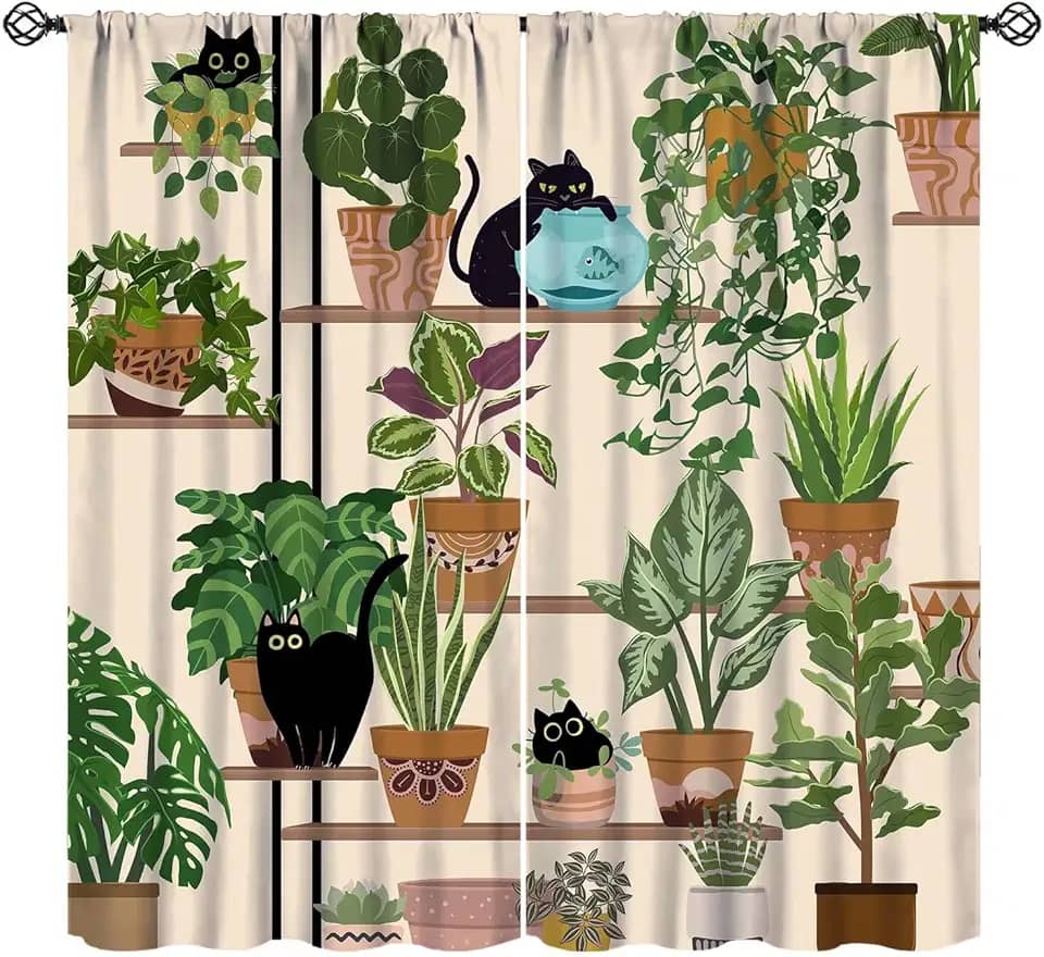 Cortinas De Gato Com Desenhos Animais Fofos, Boho, Arte Em Vasos, Estampadas, Blackout Para Janela, Sala Estar, Cozinha, Decoração, Conjunto Tecido, 2 Painéis, 42X45', Taxa Sombreamento 30