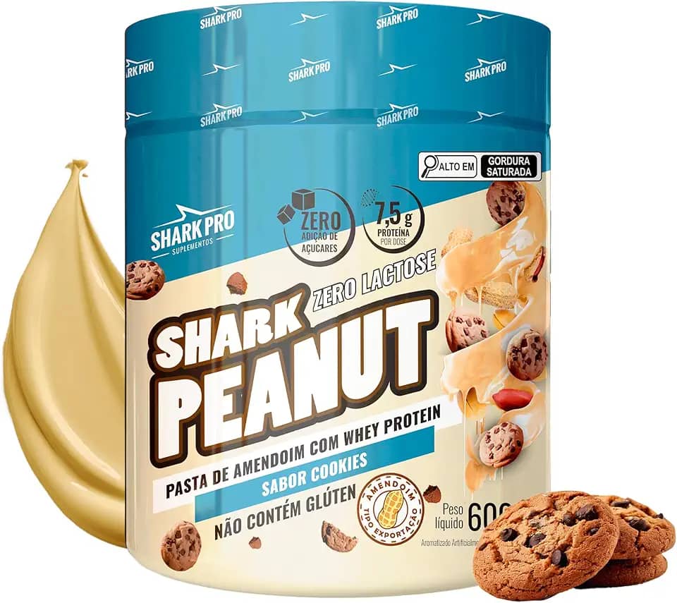 Shark Pro Pasta de Amendoim Gourmet Sabor Cookies com Whey Protein Shark Peanut - 7,5g de Proteína - Zero Glúten, Zero Lactose, Zero Adição de Açúcares - Pote 600g