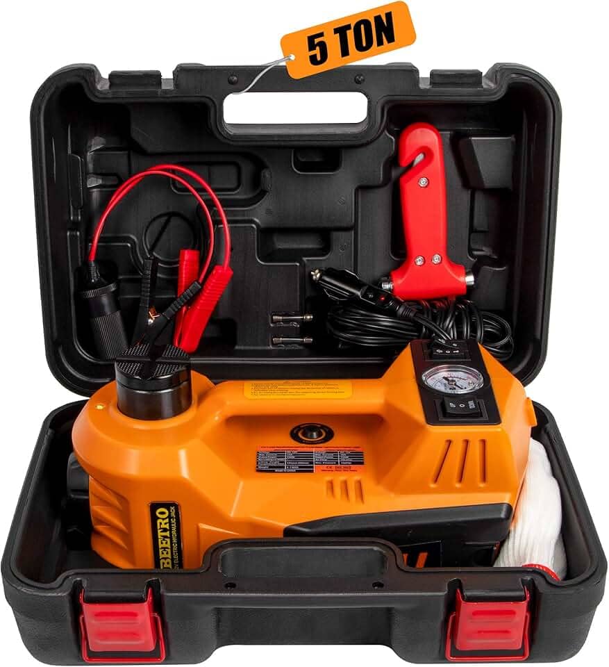 BEETRO Macaco Hidráulico Elétrico 3 em 1 com Bomba Infladora de Pneu, 5T (4,989 kg) Conector de Piso de Carro Elétrico DC 12V para Troca de Pneu de Emergência, Faixa de Elevação de 15 a 45 cm