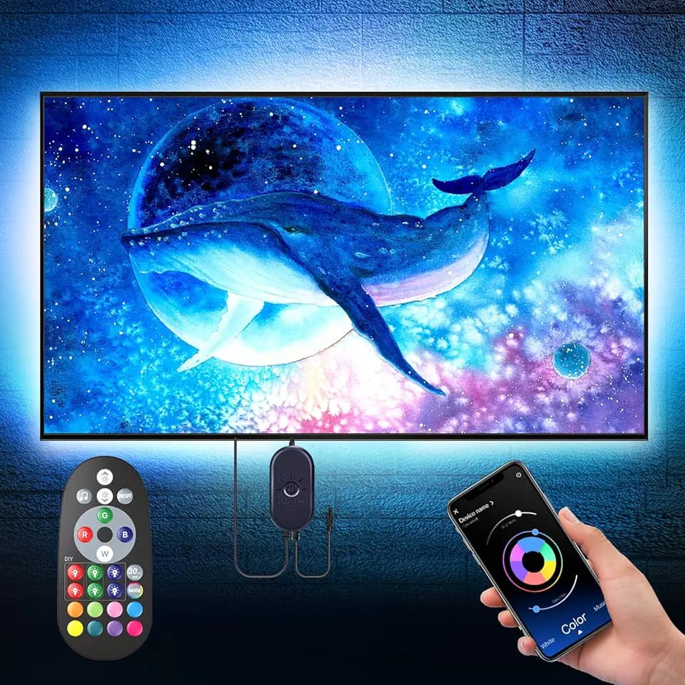 Nexillumi Luzes LED para TV, retroiluminação LED de 5 m para TV de 55 a 75 polegadas, fitas de LED RGB atrás da TV com controle remoto de aplicativo, iluminação ambiente LED inteligente com