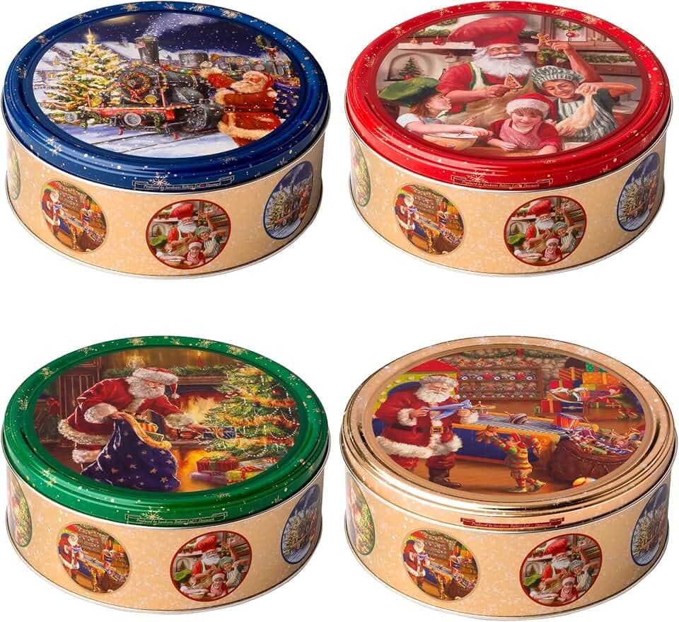Latas Jacobsens Vintage Christmas com biscoitos originais dinamarqueses amanteigados e com chocolate - 4 unidades com 150g cada - Desenhos sortidos - Total 600g