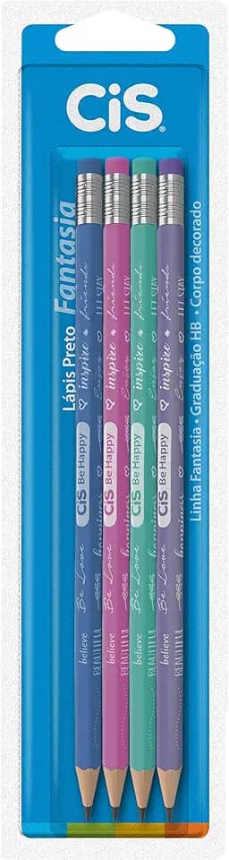 Lápis Preto HB CIS BE HAPPY c/borracha no topo, Blister c/4 unidades