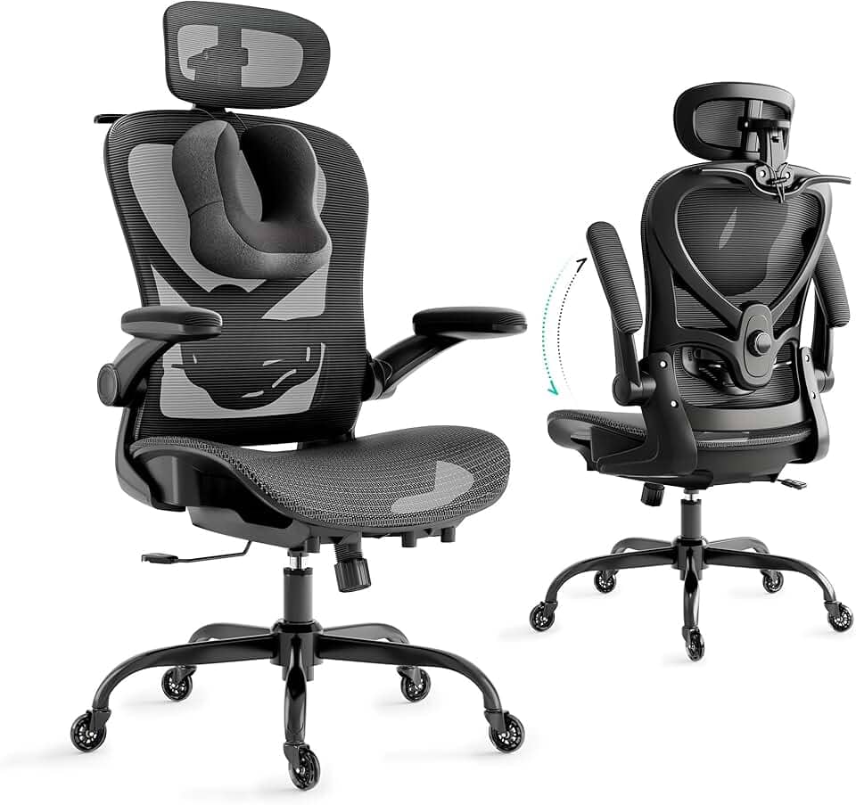 Cadeira Escritorio com Travesseiro para Pescoço e Encosto de Cabeça 3D, Cadeira Ergonomica com Cabide e Rodas de Borracha, Cadeira Presidente com Suporte Lombar 2D e Braços Rebatíveis,Preta