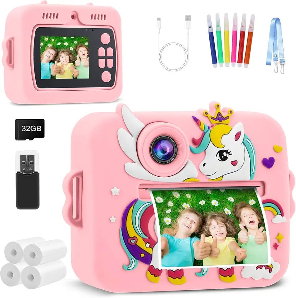 Câmera Infantil, Portátil Digital, Pode Selfie com 32GB Cartão, Papel Fotográfico, Canetas Coloridas, Vídeo HD, Brinquedos Meninas Meninos com Crianças de 3 a 14 Anos （Rosa）