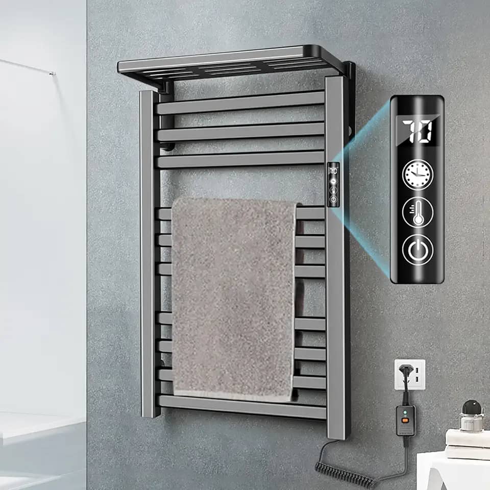 Toalheiro Termico, Secador de Toalhas Eletrico, Aquecedor de Toalha para Banheiro, Grande Quadrado Inox com Timer Embutido (Fio Lado Direito), Preta, 30°/35°/40°/45°/50°/55°/60°/65°/70° (110V)