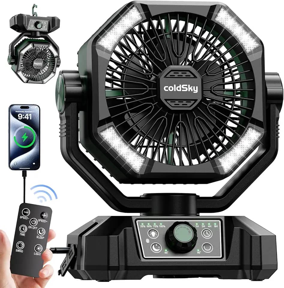 coldSky 20000mAh Camping Fan with Dual Motor, Battery Operated Fan with 4 LED Lantern, 8 Speeds Desk Fan with Remote, Portable Outdoor Fan with Hook for Tent, Power Outages, Jobsite (Green)