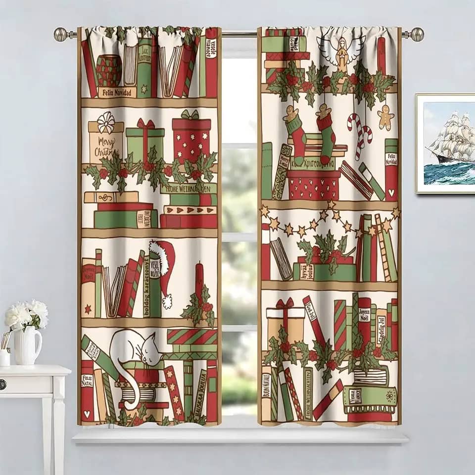 Cortinas de estante, desenho animado com tema de Natal gato dormindo na estante de livros livros impressões de biblioteca tratamentos de janela cortinas para quarto e sala de estar, conjunto