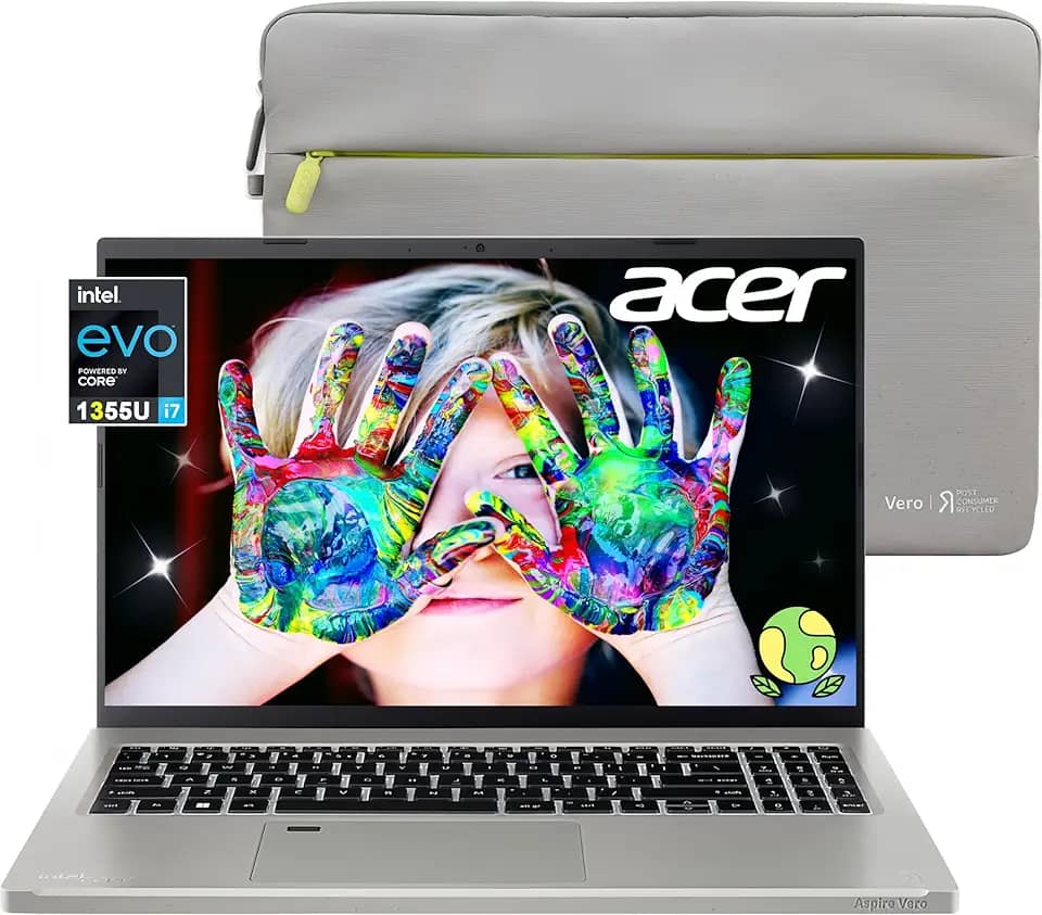 acer Notebook Aspire Vero 15,6 polegadas FHD fino, Intel i7-1355U, Windows11 Home, KB retroiluminado, impressora digital, Wi-Fi 6E, webcam, ecológico, com HDMI e Vero-Sleeve (16 GB RAM | SSD HDMI de