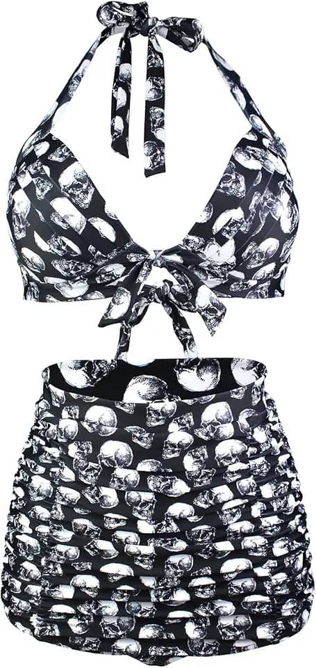 Biquíni feminino retrô anos 50 com cintura alta e franzido da Honeystore, Skull, L(Bust:34-36in, Waist:28-31in)