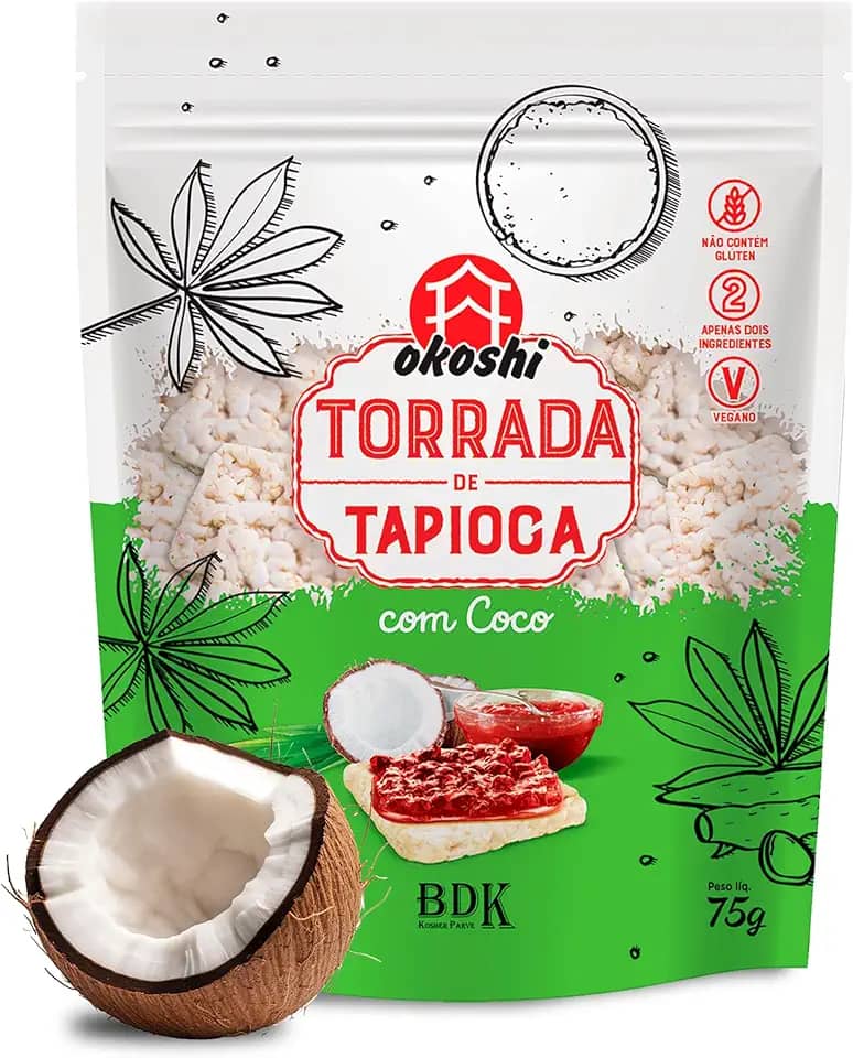 OKOSHI - Torrada de Tapioca com Coco - Snacks Saudáveis de Baixas Calorias, Lanches Fit para a Dieta - Vegano, Sem Açúcar, Sem Glúten, Sem Lactose, Sem Gordura Trans, Kosher - 75g