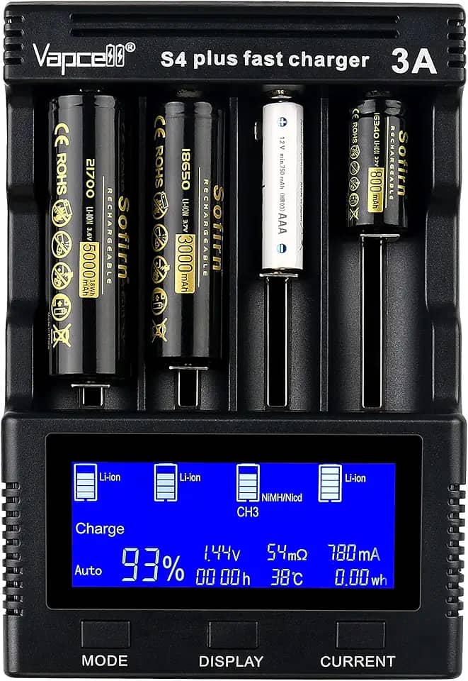 Sofirn Carregador de bateria inteligente universal de 4 compartimentos com visor LCD para baterias Ni-Cd Ni-MH recarregáveis AA AAA 18650 21700 26650 14500 16340 e pilhas AA AAA Ni-MH Ni-Cd (saída de