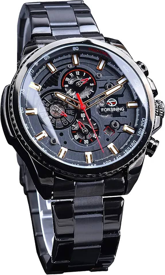 Relógio de pulso masculino Forsining multifuncional, preto, de aço inoxidável, esportivo, militar, automático, de luxo, marca
