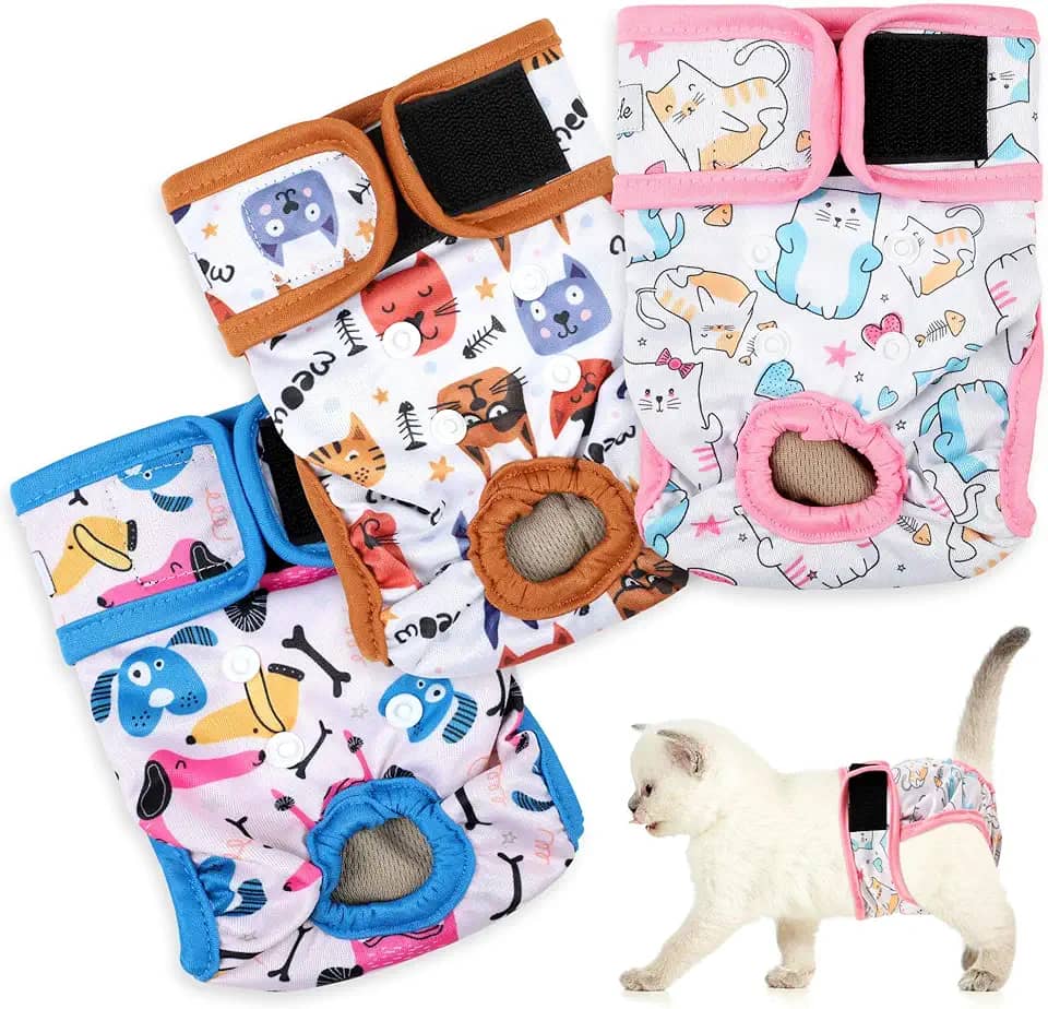 Pacote com 3 fraldas reutilizáveis para gatos com boa absorção, fácil de colocar fraldas adoráveis para gatos, ajuste seguro P
