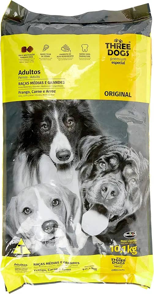 Ração Three Dogs Biofresh Para Cães Adultos de Médio e Grande Porte Sabor Frango, Carne e Arroz, 10,1kg