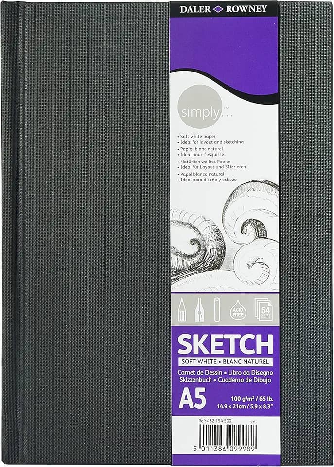 Daler-Rowney Simply Medium Grain 100gsm Hardback A5 Sketchbook, branco macio, 54 folhas, bloco de desenho básico, ideal para artistas iniciantes e amadores