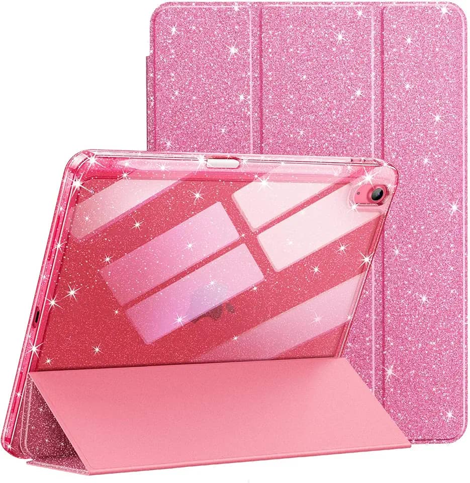 JETech Capa Glitter para iPad (A16) 11ª/10ª Geração (2025/2022) com Porta-Pencil, Case Fina e Fofa para Crianças e Meninas, Concha Traseira Transparente e Brilhante (Rosa)