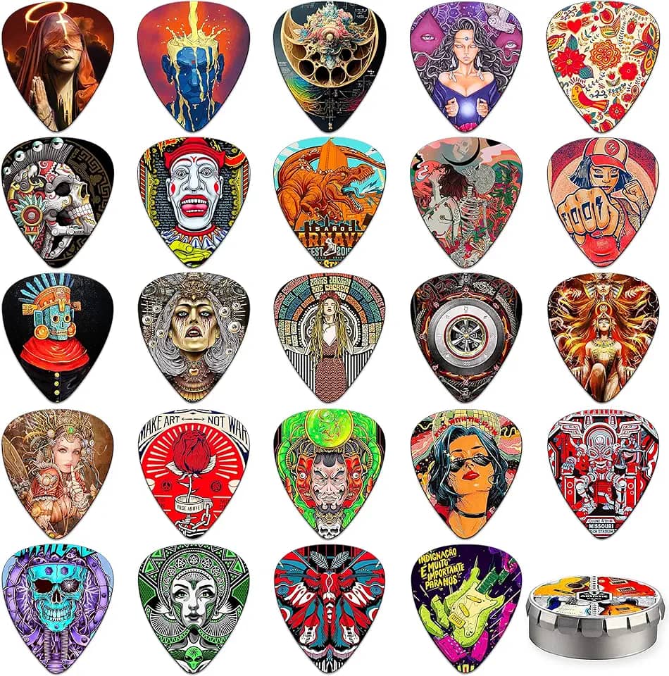 Palhetas de guitarra, pacote com 24 palhetas de guitarra finas, médias, pesadas e extra pesadas com caixa de lata, palhetas personalizadas para acústico, baixo, guitarra elétrica, inclui 0,46 mm, 0,71