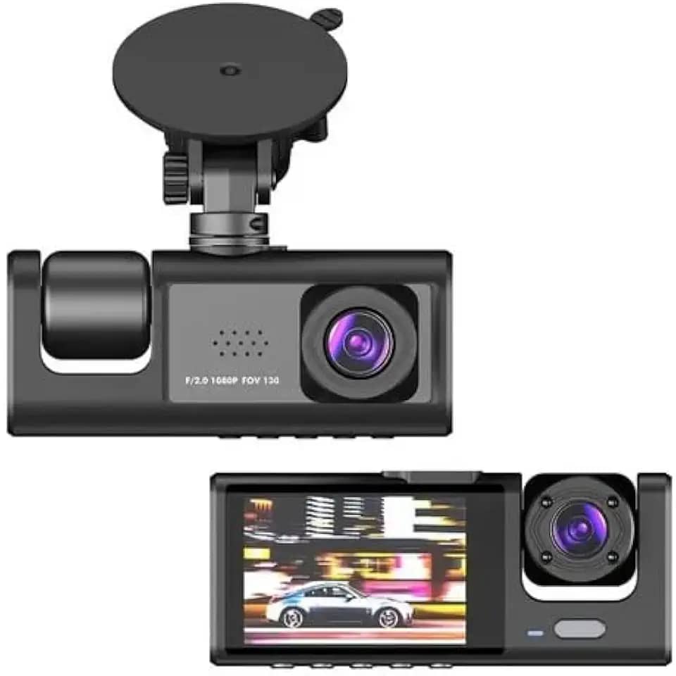 Câmera Veicular 3 Lentes Full HD 1080p com Visão Noturna, Tela 4' e Detecção de Movimento – Dashcam Frontal, Interna e Traseira