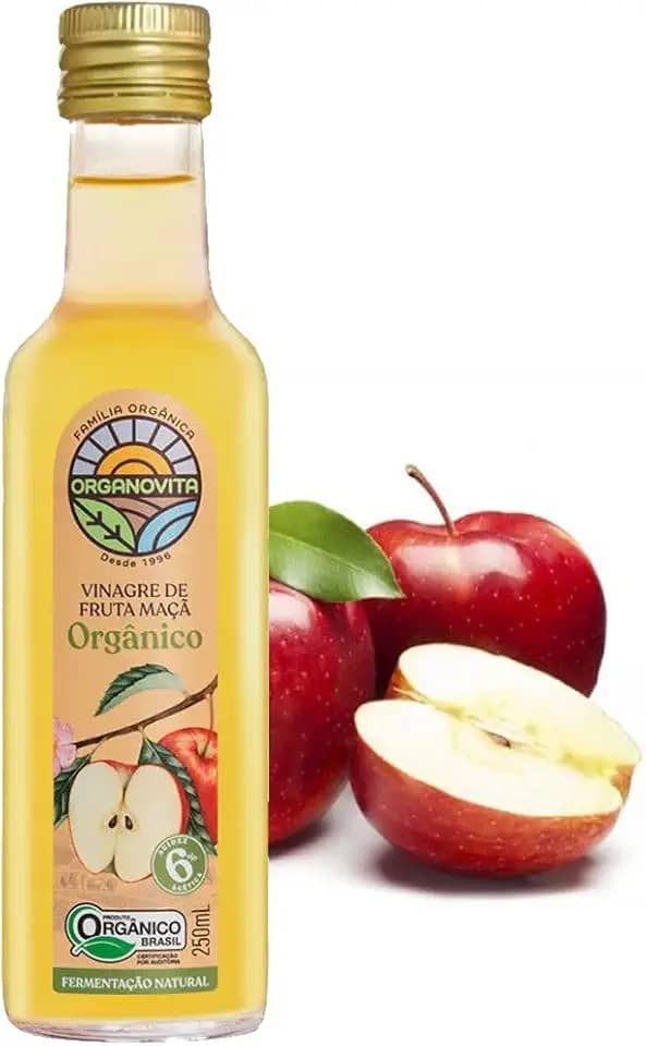 Vinagre de Maçã Orgânico Organovita 250ml - 6% de Acidez, Com a Mãe do Vinagre, 100% Natural, Sem Conservantes ou Água, Feito com Maçãs Gala e Fuji