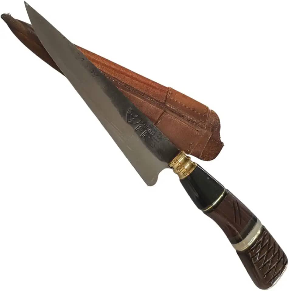 Faca Artesanal para Churrasco 7 Polegadas, Aço Carbono 1070, Cabo Natural Artesanal, com Bainha em Couro, 29,5cm