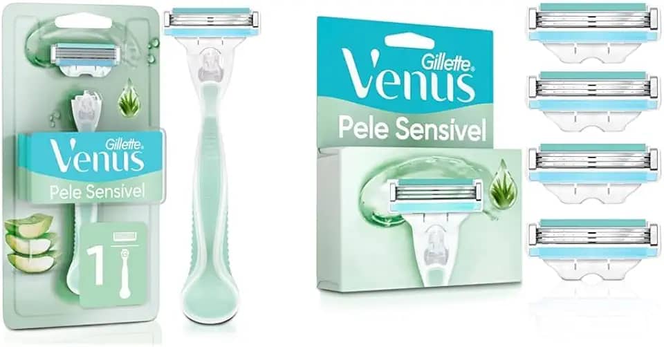 Gillette Venus Pele Sensível Aparelho de Depilar Recarregável com Aloe Vera, 1ud + Gillette Venus Pele Sensível Carga para Aparelho de Depilar com Aloe Vera, 4 uds