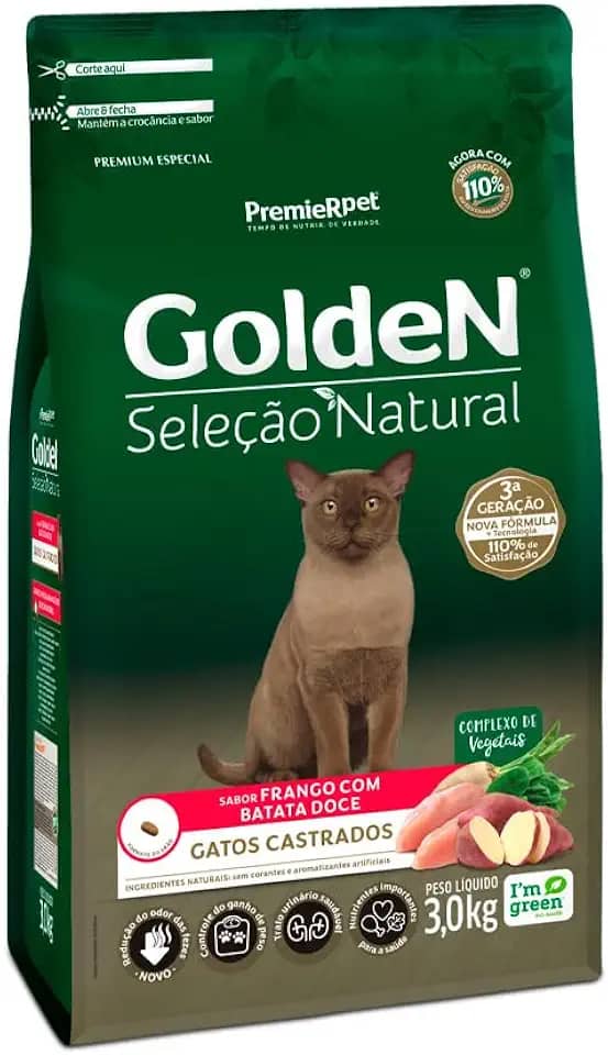PremieR Pet Golden Seleção Natural Ração Seca para Gatos Castrados Sabor Frango com Batata Doce 3kg