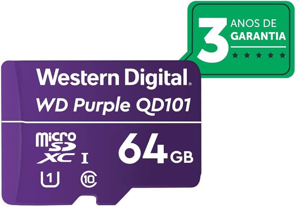 Cartão de Memória Com 3 anos de Garantia Micro SD 64GB WD Purple Intelbras