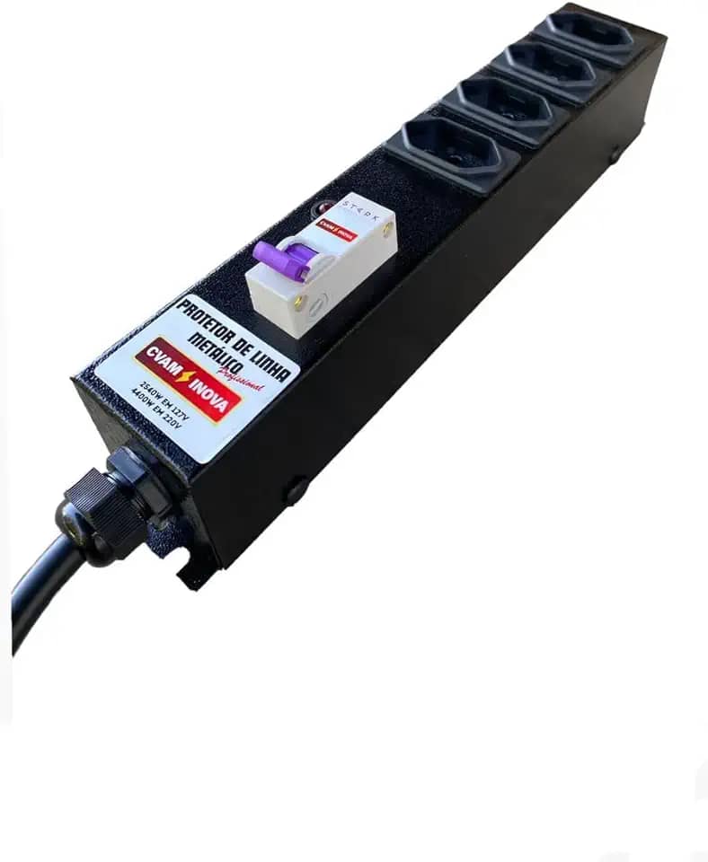 Filtro de Linha Profissional 20A com Disjuntor – 4 Tomadas – Estrutura Metálica Reforçada – CVAM – Ideal para Equipamentos de Alto Consumo