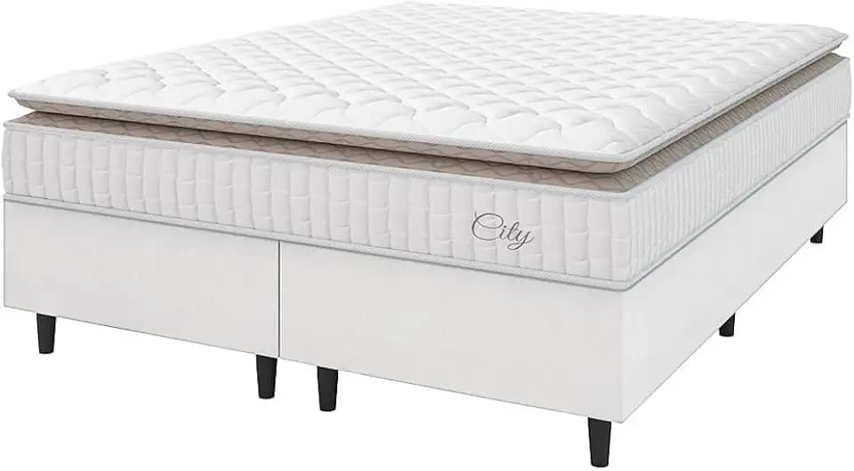 Cama Box Colchão Casal Queen Molas Ensacadas City Pillow Top 158x198x61cm Linho Branco/Bege Hellen - Suporta até 110kg por Pessoa