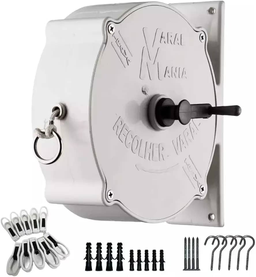 Varal Retrátil de Parede Recolhível com Corda 30m e Kit Instalação – Suporta até 30kg de Roupas